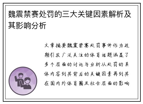 魏震禁赛处罚的三大关键因素解析及其影响分析
